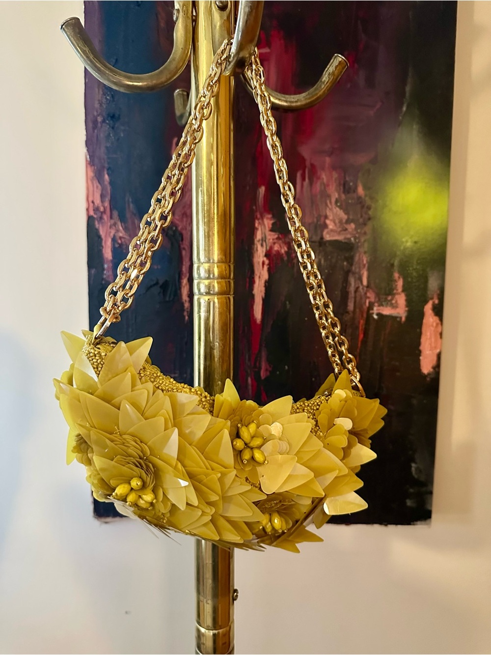 Zara Yellow Floral Beaded Shoulder Bag with Gold Chain Detail